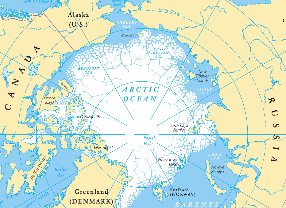 Flat Map of the North Pole and its surrounding land masses